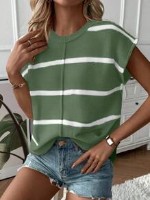 Calvaya Women's Casual Loose Round Neck Drop Shoulder Sleeveless Knitted Vest, Fashion Striped Patchwork Pullover Sweater Tank Top For Autumn/Winter
