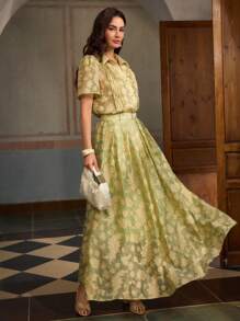ZEYLAH Women's Elegant Cut-Out Single Breasted Short Sleeve Blouse, Spring/Summer - Green - View 1