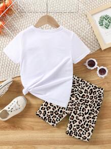 2 件女童休闲时尚豹纹蝴蝶结马尾印花 T 恤和短裤套装，兄弟姐妹装（单独出售） - 彩色 - 查看 2