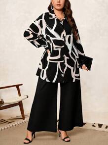Chikora 大码休闲满印花落肩灯笼袖衬衫和阔腿裤两件套，商务休闲女装 - 黑色 - 查看 7