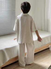 DAZY Tween Boys Loose Striped Pajama Set With Collar Cardigan And Straight Leg Pants, Summer,Back To School Clothes - Apricot - View 6