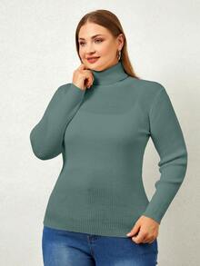 RueChic Áo len dài tay cổ cao màu trơn cỡ lớn cho nữ - Màu xanh Bạc hà - Xem 4