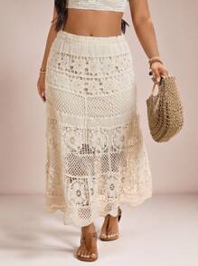 Freevana Plus Size Casual Solid Color Hollow-Out Knit Sweater Skirt Western Wear Women Crochet Ibiza Butter Yellow Summer For Women Beach For Woman Vacation Women Beach Boho Rave Country Concert Festival Brunch For Women Beach Vacation Graduation Old Money In Fall/Winter