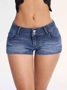 SHEIN ICON 大码女式时尚弹力腰带口袋短裤 - 中等水洗藍 - 查看 1