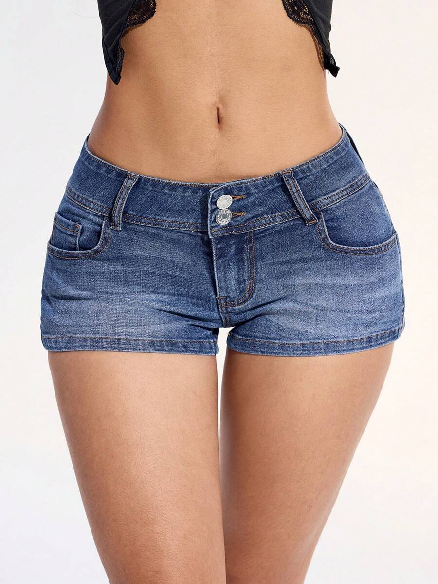 SHEIN ICON 大码女式时尚弹力腰带口袋短裤 - 中等水洗藍 - 查看 1