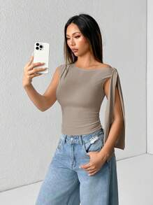 SHEIN PETITE Einfarbiges Top mit Bindebändern und asymmetrischem Ausschnitt, modisch für den Sommer