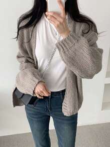 DAZY Áo khoác cardigan dệt kim khoét lỗ tối giản màu trơn cho nữ, áo khoác tay ba phần tư mùa thu, đông - Xám - Xem 2