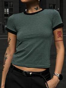 DAZY Women Crew Neck Contrast Trim Casual Striped Short Sleeve Fitted T-Shirt, Summer