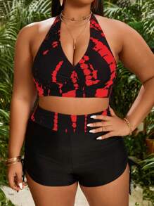 Swim Lushoire 大码女式扎染吊带比基尼海滩度假比基尼套装，万圣节 - 紅色 - 查看 3