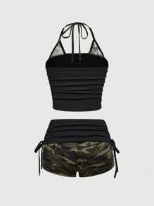 ROMWE Conjunto de 2 piezas con parte superior de tirantes y shorts con estampado de estrella de camuflaje y cruz, estilo Y2K