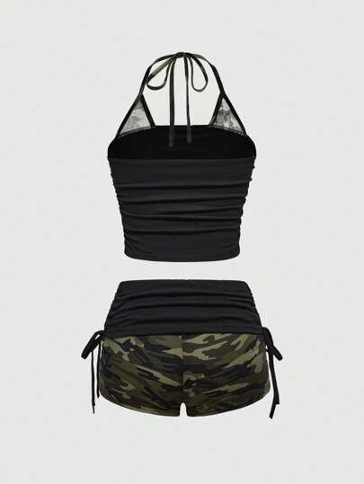 Ensemble 2 en 1 avec débardeur imprimé croix et étoile camouflage Y2K et short