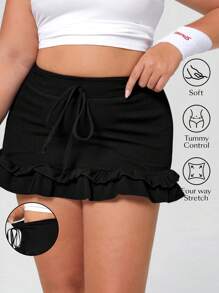 Flexra Minifalda de mezclilla de punto con volantes, elástica y de talla grande - Negro - Ver 1