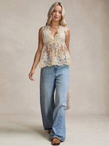 SHEIN LUNE Bohemian Clothes Beach Outfits For Woman Western Wear Women Sheer Top Women Tops - Khaki - View 5