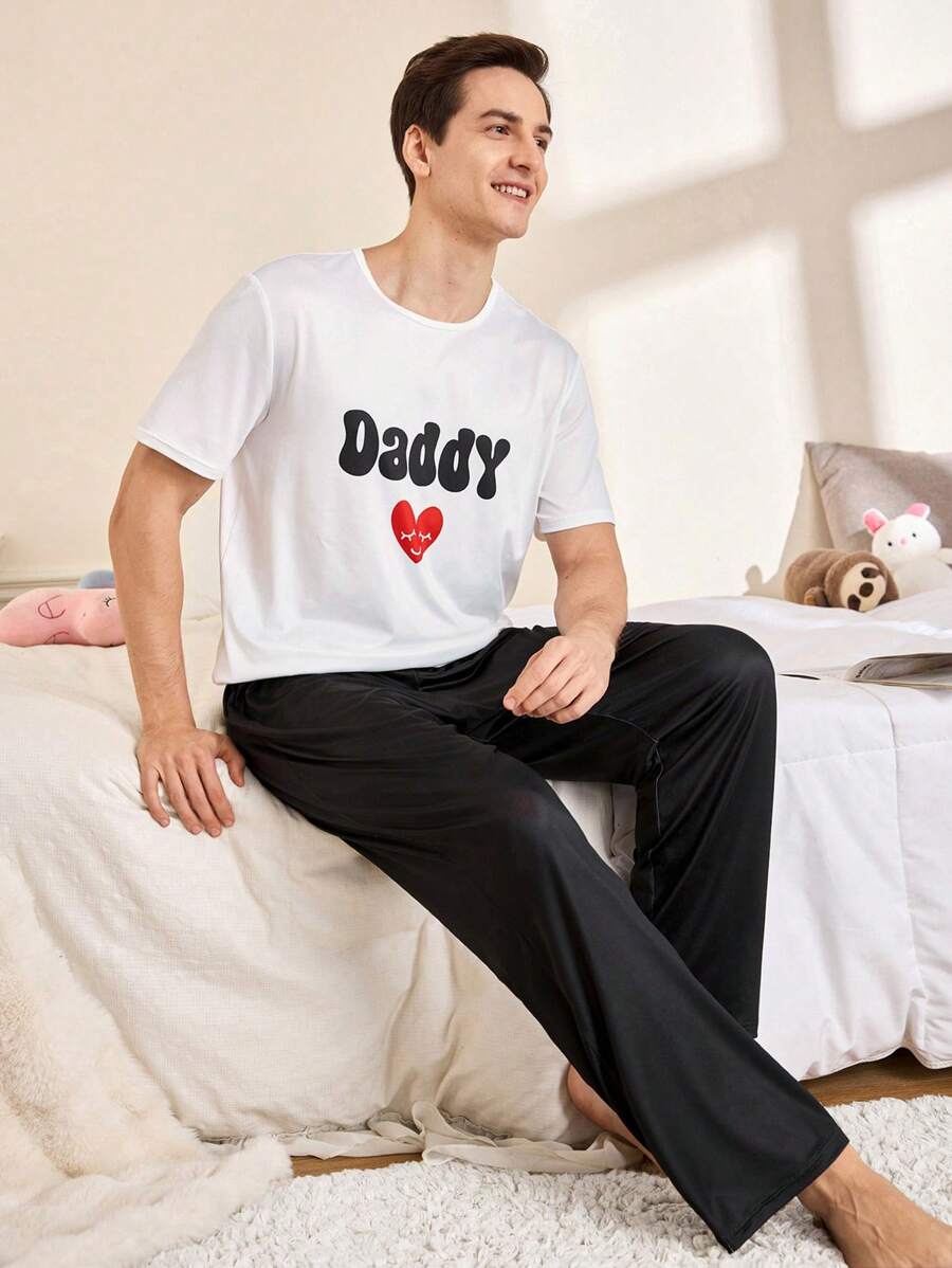 Matching Slogan Short Sleeve & Long Pants Men's Pajama Set - Black and White - View 1