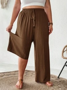 SHEIN CURVE+ Quần ống rộng thời trang công sở đi làm thanh lịch, quần túi, trang phục đi nghỉ mát bãi biển mùa hè/đồng quê/bãi biển/bãi biển, trang phục công sở nữ, quần ống rộng cho giáo viên quần ống rộng boho cỡ lớn quần ống rộng quần ống rộng quần đi biển cỡ lớn quần ống rộng - màu nâu - Xem 5