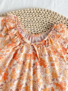 Loomiva Baby Girl Floral Print Knit Soft Round Neck Ruffle Hem Sleeveless Bodysuit - Orange - View 3