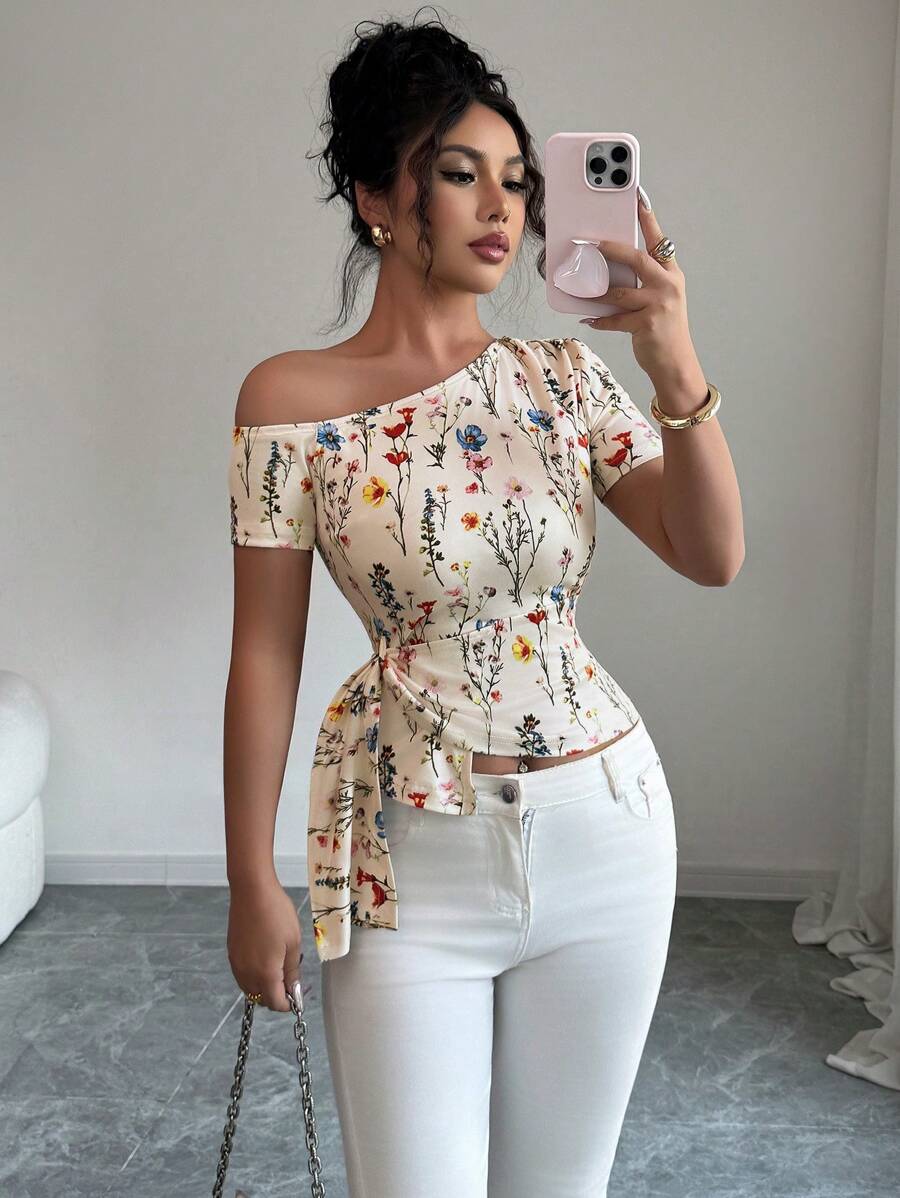 Elenzga Camiseta de mujer de un hombro ajustada con estampado floral elegante y bajo asimétrico, primavera/verano - Multicolor - Ver 1