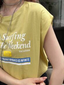 FRIFUL Women's Sleeveless Round Neck Letter Print T-Shirt, Yellow, Loose Casual Versatile Vacation & Music Festival Outfit