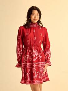 CAJUNI Casual Long Sleeve Printed Shift Mini Dress For Women - Red - View 1