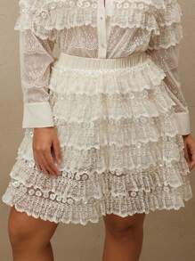 Anewsta Plus Size Heavy Beaded Ruffle Lace Solid Color High Waist A-Line Mini Skirt - Beige - View 6