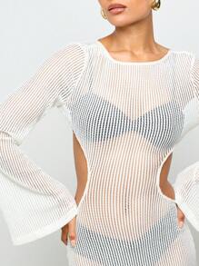 AiiRZ Crochet Maxi Dress Beachwear Cover Up Bell Sleeve Open Back Summer Pool Resort Luxury Coverup White - Apricot - View 3