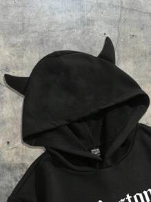 AXEPEAK 男士波士顿字母印花针织连帽休闲运动衫，适合春秋季节，说唱歌手长袖外出连帽衫街头服饰，街头风格，适合秋冬 - 黑色 - 查看 3