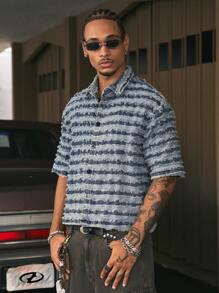 AXEPEAK Men's Striped Frayed Edge Short Sleeve Single-Breasted Casual Denim Shirt - Blue - View 5
