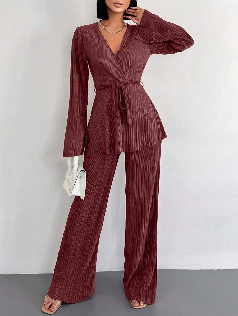 EURMUSE Surplice Neck Belted Top & Wide Leg Pants - Berwarna merah muda - View 1