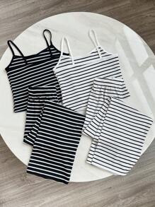 SHEIN 2 件套条纹修身吊带背心和长裤休闲家居服套装 - 彩色 - 查看 2