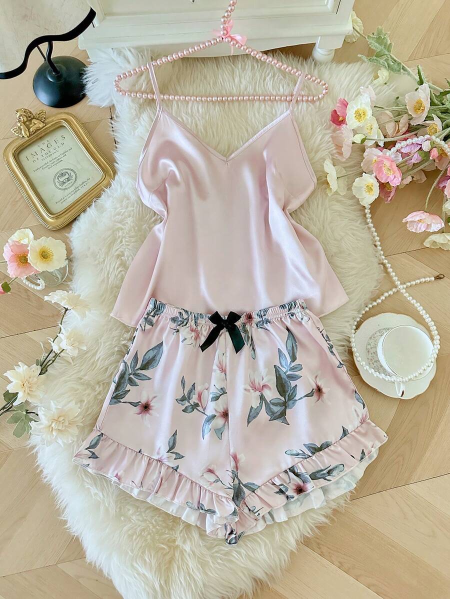 LuxeNights 花卉印花吊带背心和短裤睡衣套装 花卉睡衣套装 荷叶边睡衣套装 两件套睡衣套装 吊带睡衣套装 - 粉色 - 查看 1