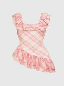 ROMWE J-Fashion Camiseta sin mangas asimétrica a cuadros de estilo vintage del milenio Y2K para tallas grandes