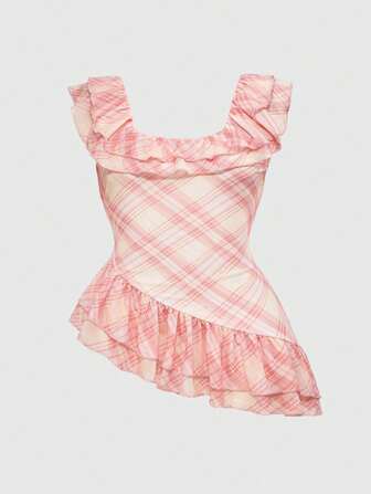 J-Fashion Plus Size Y2K Millenium Vintage Plaid Asymmetrical Hem Tank Top