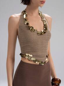 LYSMO 2025 新款夏季女式亮片露背深 V 领修身针织上衣，镂空纹理，编织风格，波西米亚度假风情，非常适合夏季派对、海滩郊游和独特造型，复古 - 卡其色 - 查看 4