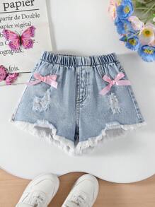 Young Girls Vintage Distressed Light Blue Denim Shorts With Pink Bow Pockets, Loose Fit, Comfortable Soft Fabric, Versatile - Light Wash - View 1
