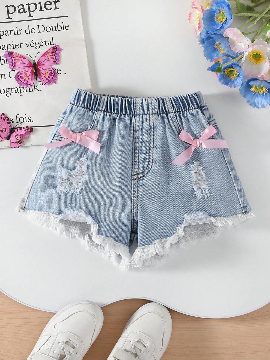 Young Girls Vintage Distressed Light Blue Denim Shorts With Pink Bow Pockets, Loose Fit, Comfortable Soft Fabric, Versatile - Light Wash - View 1