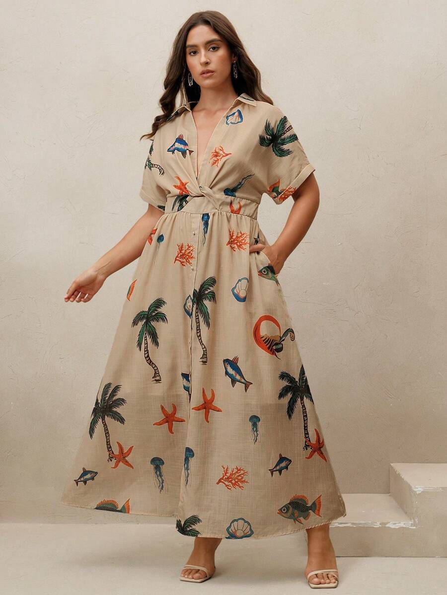 Anewsta Plus Size Women Summer New Design Vacation Printed V-Neck Twist Waist Midi Dress - Khaki - View 1