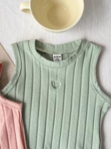 SHEIN Playful Pals 2件套女婴0-3岁春夏新款基础款镂空爱心圆领无袖短款T恤上衣，棉质针织面料，粉色和白色 - 彩色 - 查看 4