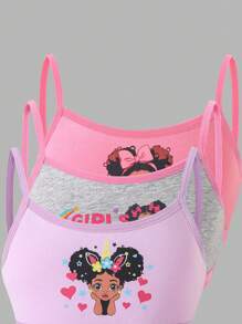 SHEIN 6件組女童休閒圖案印花細肩帶背心與內褲套裝，舒適棉混紡，小女孩返校時尚秋冬款，嬰兒粉 - 彩色 - 查看 3