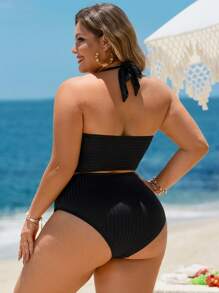 SHEIN Swim Lushore Bộ đồ bơi cổ yếm màu trơn cỡ lớn & quần bơi tam giác - màu đen - Xem 2