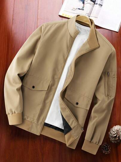 Manfinity Homme 男士立领拉链卡其色休闲夹克，秋季款