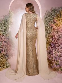 Glamrae Plus Size Elegant Luxury Sweetheart Neck Sequin Chiffon Mermaid Evening Gown Suitable For Wedding, Party, Date, Ball, Formal Occasion (Exquisite Embroidered Design), For Wedding Guest - Beige - View 2