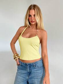 Aloruh 女士休闲项链吊带上衣，夏季日常穿着黄色露背上衣 - 黃色 - 查看 4