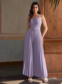ZEYLAH Women's Sleeveless Solid Color Elegant Gathered Waist Ruched Jumpsuit - Purple - View 1