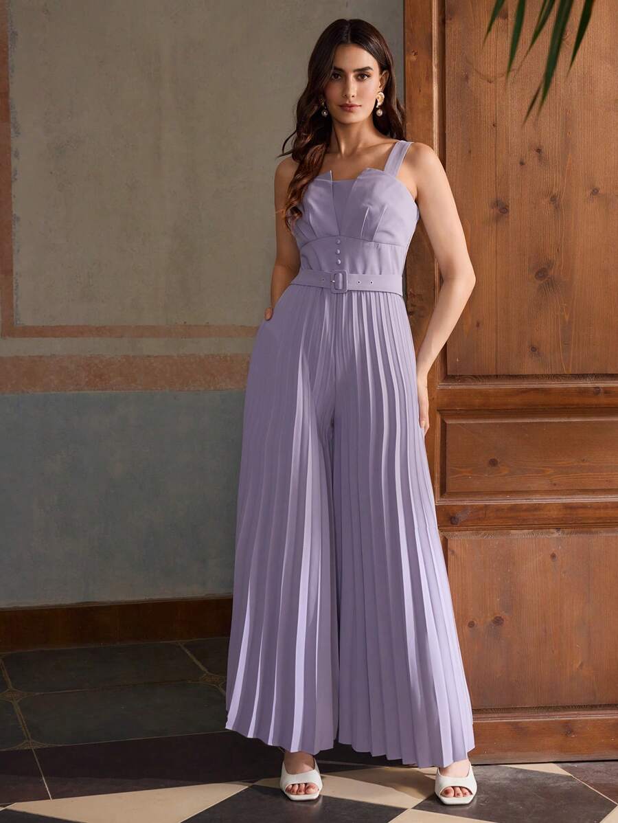 ZEYLAH Women's Sleeveless Solid Color Elegant Gathered Waist Ruched Jumpsuit - Purple - View 1
