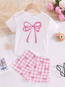 SHEIN 青少年女孩休闲简约蝴蝶结装饰圆领短袖 T 恤和格子短裤睡衣家居服套装，适合夏季“家居清新、蝴蝶结、夏季女孩套装、公主时尚、轻松舒适、女孩 Chroma 精选” - 彩色 - 查看 2