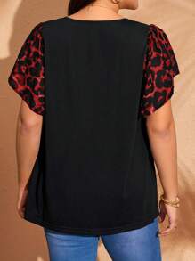 EMERY ROSE Plus Size Women Leopard Print Tie Front Ruffle Sleeve Dressy Blouse, Plus Size Casual Tops, Leopard Print Plus Size Tops,Gifts For Mother,Bohemian Clothes,Springbreak,Rave Outfits,Country Outfits Women , - Red - View 2