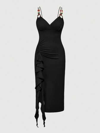 Hippie Vestido de slip ajustado con abertura alta y diseño de cuentas vintage sexy para mujeres