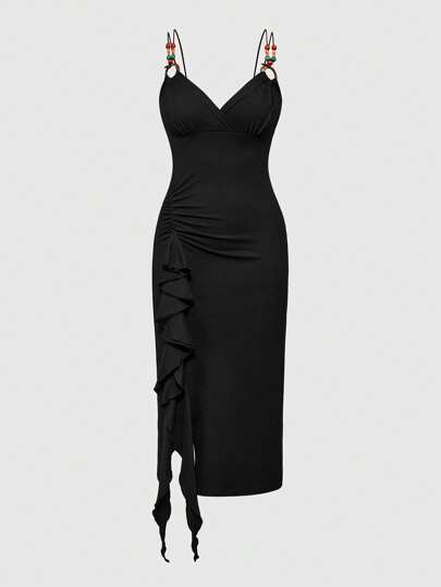 Hippie Abito sottoveste con spacco alto, sexy e attillato, vintage, con perline, da donna