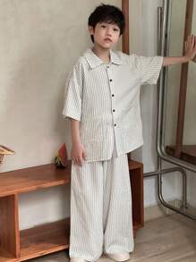 DAZY Tween Boys Loose Striped Pajama Set With Collar Cardigan And Straight Leg Pants, Summer,Back To School Clothes - Apricot - View 2