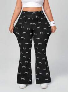 SHEIN Essnce Plus Size Women Knitted Denim Stretch Bow Print Flared Skinny Pants - Black - View 5